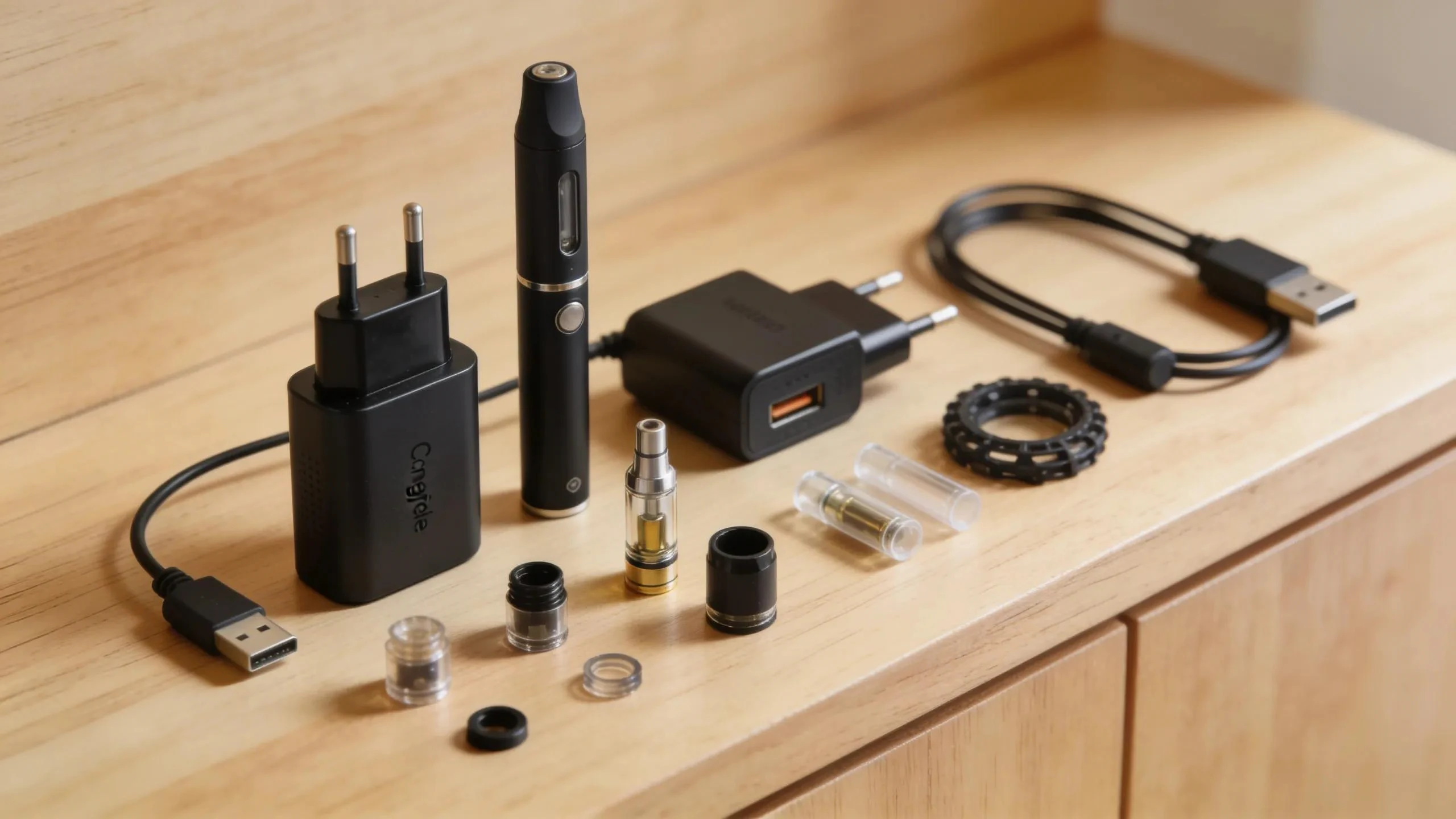 Replacement coils, chargers, and components organized inside a North Miami vape shop
