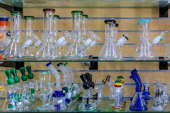 Premium glass pipes displayed at a North Miami smoke shop with detailed artisan craftsmanship