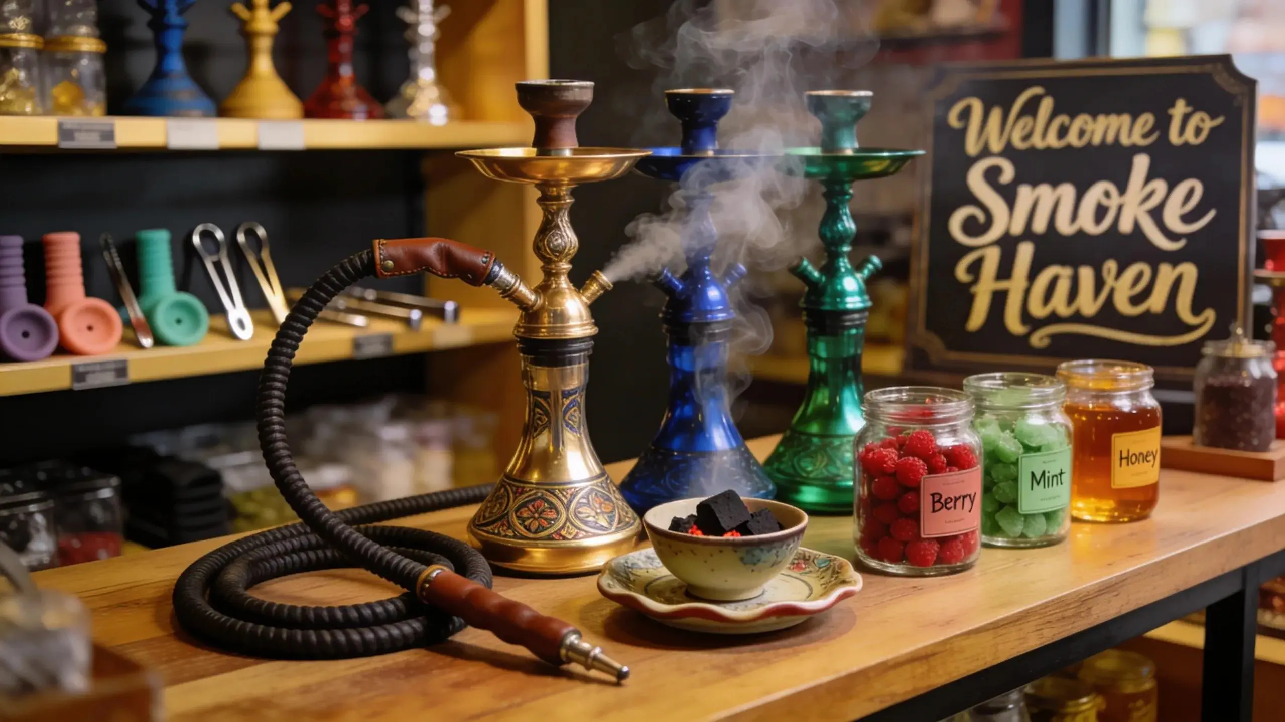 Colorful hookahs and assorted shisha flavors displayed at a North Miami hookah shop