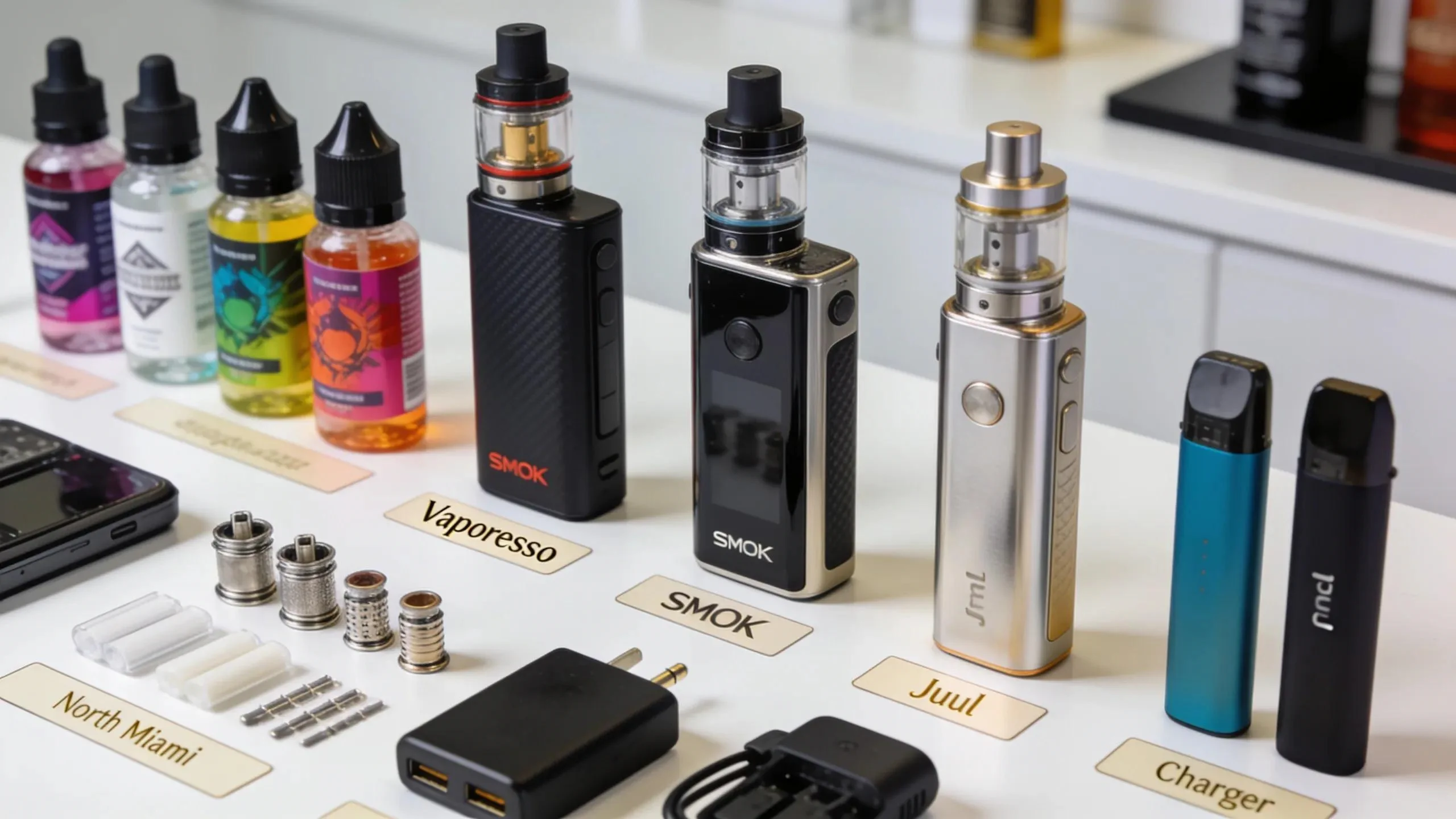 Premium vape accessories organized for adult customers at a North Miami vape shop