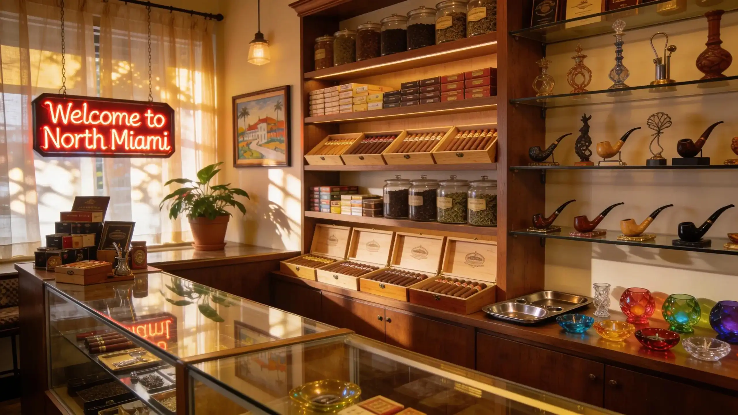Varied tobacco products and smoking accessories arranged inside a North Miami shop